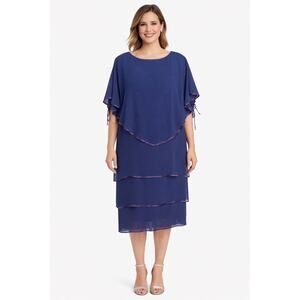 Late 1980s–1990s Patra Blue Chiffon Cape Overlay Beaded Dress Midi XL